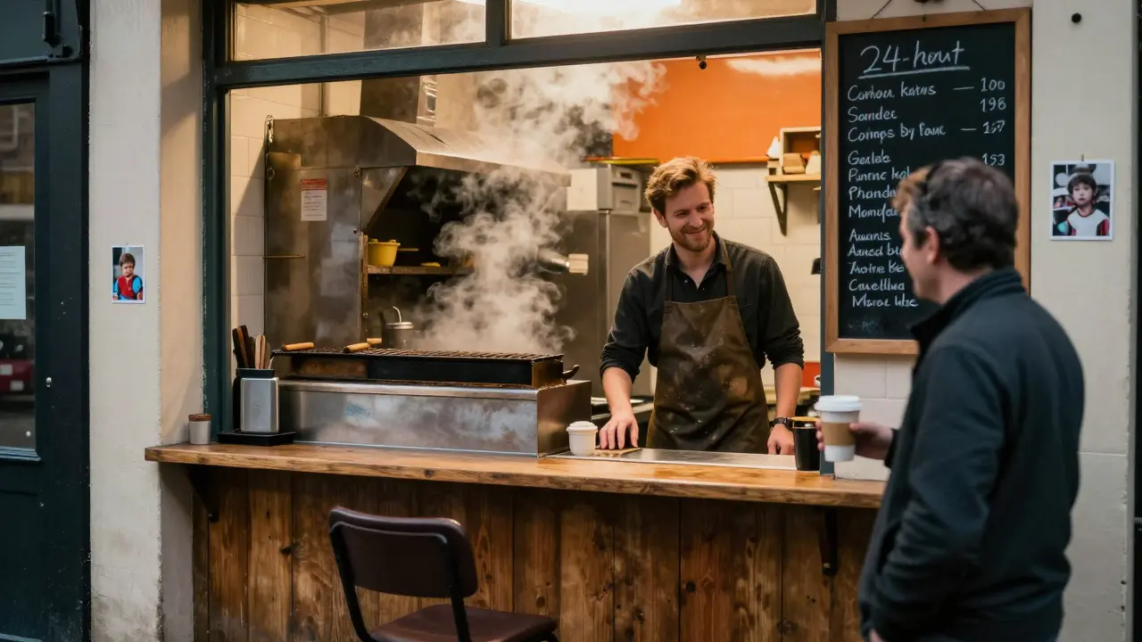 A 24-hour kebab shop at dawn, a worker serving coffee as steam rises, with a child’s photo on the wall.