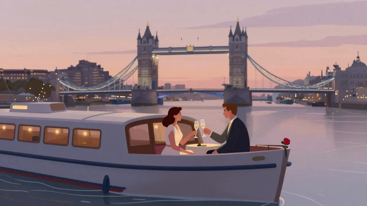 A couple toasting with champagne on a quiet evening cruise along the River Thames.
