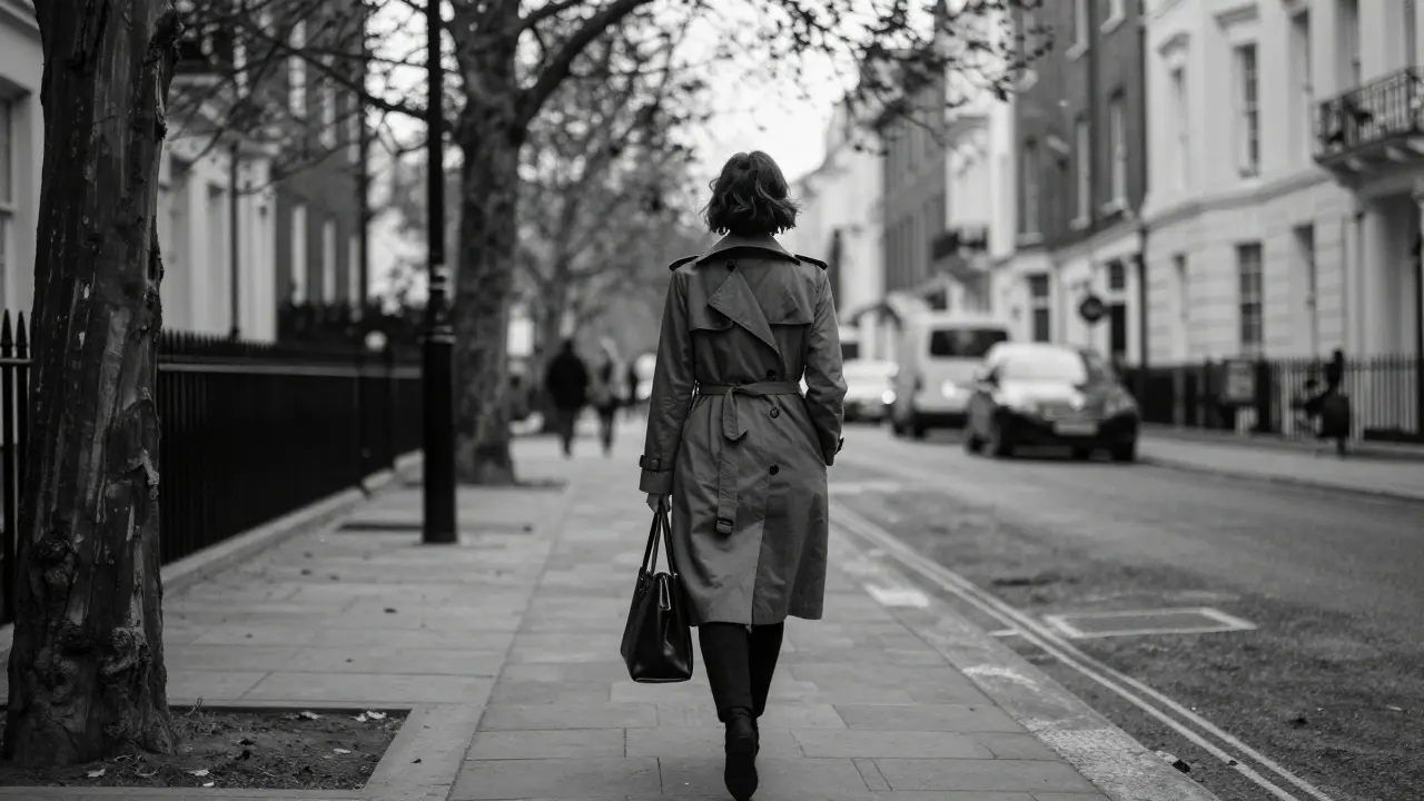 A discreet woman walking alone at dawn in Belgravia, exuding quiet confidence.