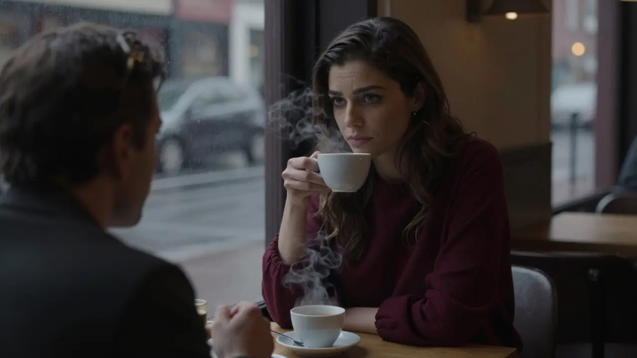 A European companion listening thoughtfully to a client in a cozy Soho café.