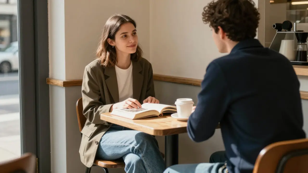 A local woman in casual clothes having a quiet, thoughtful conversation in a London café.