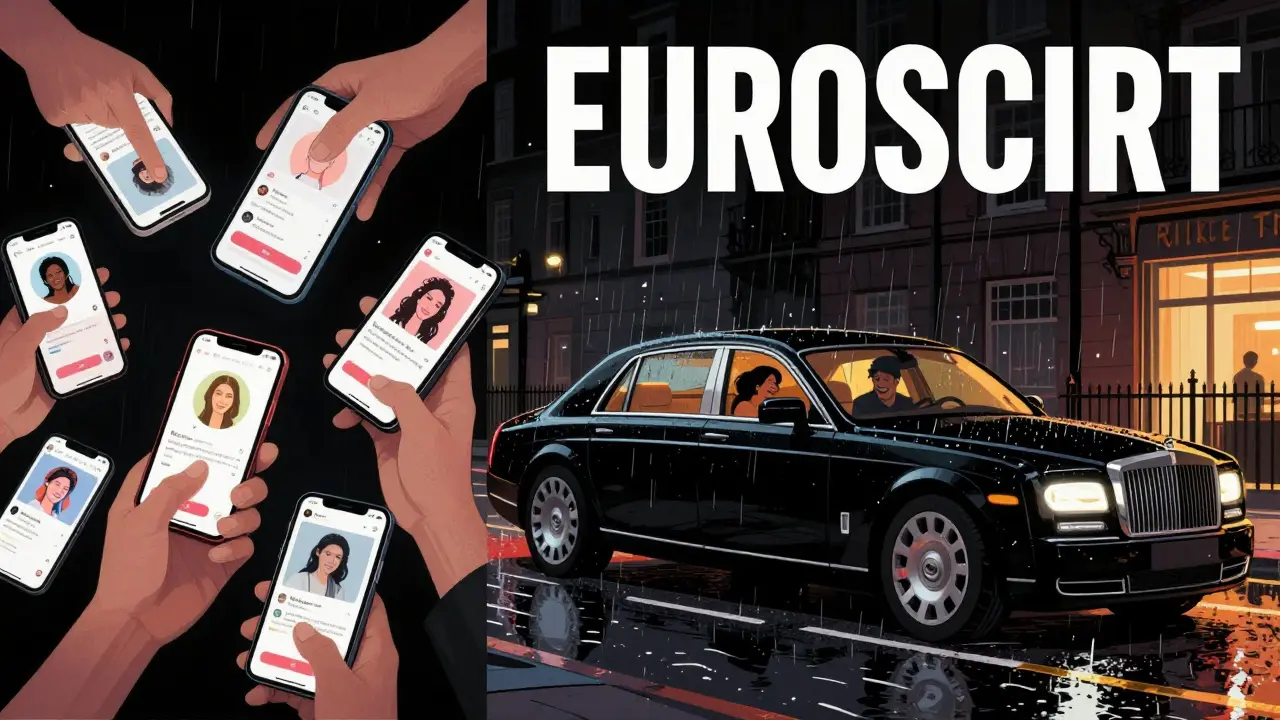 A luxury car in London at night contrasted with chaotic dating app screens.