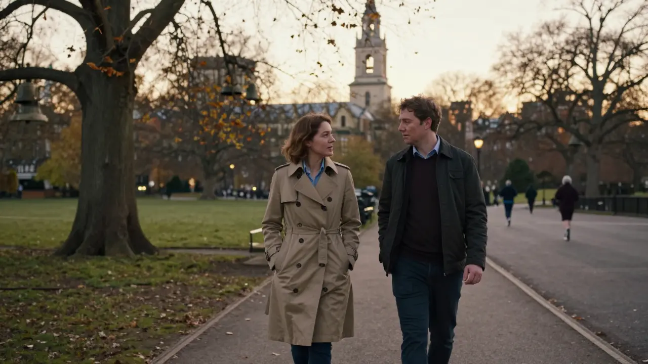 A man and woman walk peacefully through Hyde Park at sunset, lost in quiet conversation.