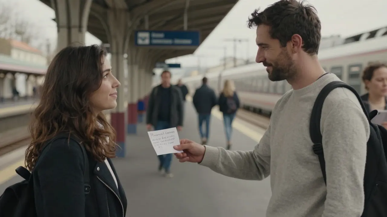 A man hands a handwritten note in French to a woman at a train station, receiving a quiet, sincere smile.