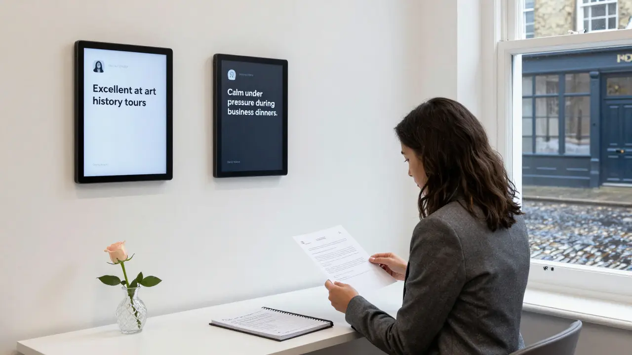 A professional agency office in Notting Hill with anonymized client reviews and a signed contract on display.