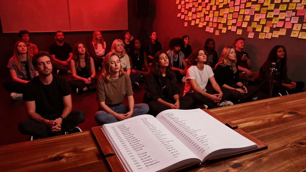 A quiet dawn at Studio 338, with people sitting in red light surrounded by handwritten notes and a DJ logbook.