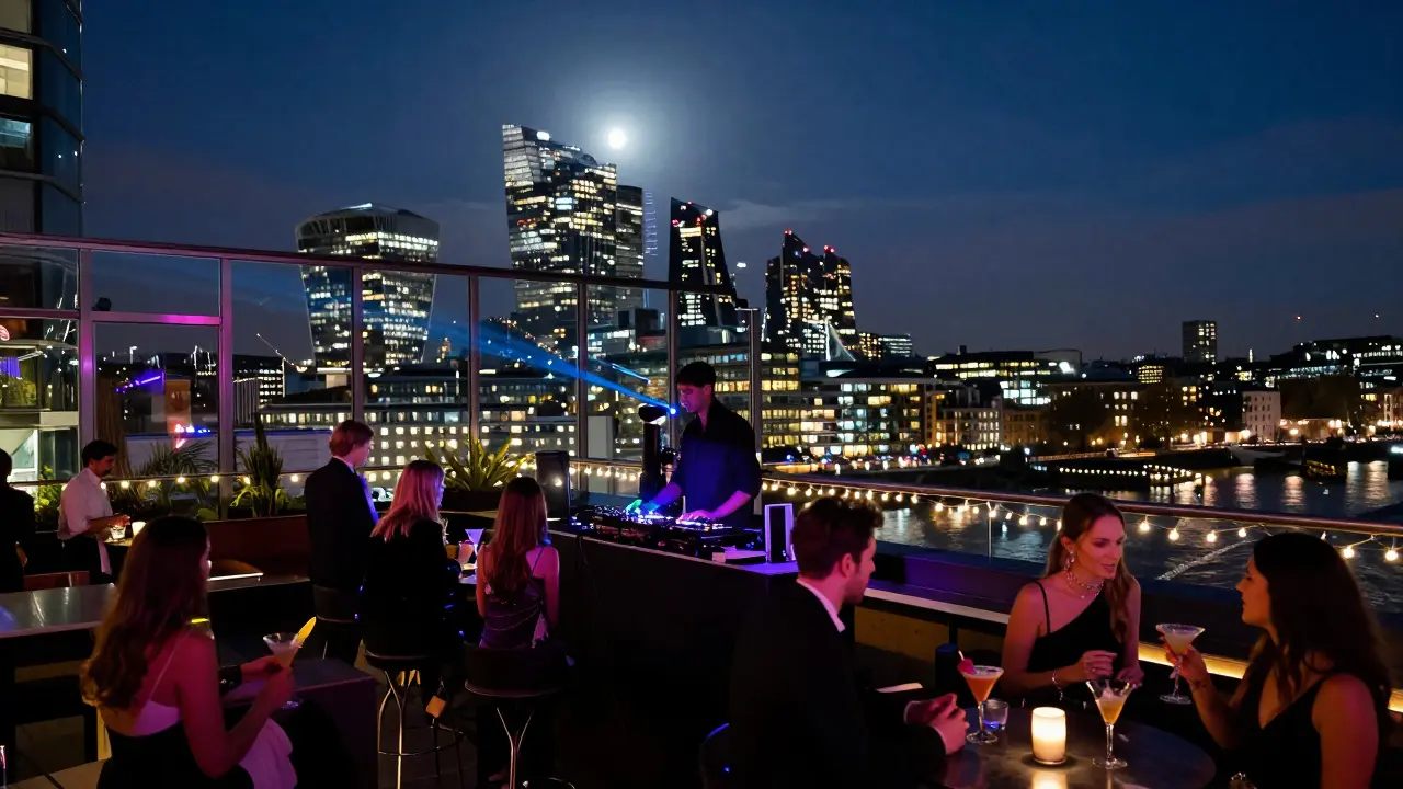 A rooftop nightclub in London with city skyline views and patrons enjoying cocktails under lights.