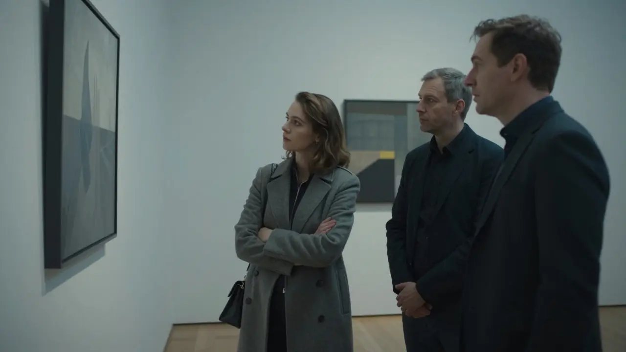 A woman and man standing silently in a gallery, appreciating art without words or physical contact.