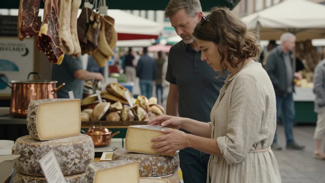 A woman examining cheese at Borough Market, a man observing respectfully in the background.