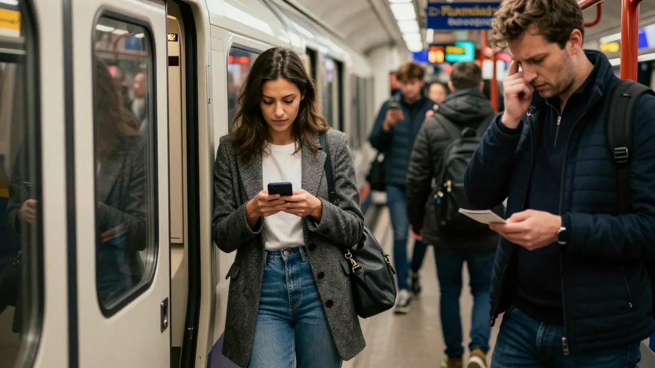 A woman on the London Underground during rush hour, a man hesitating to speak nearby.