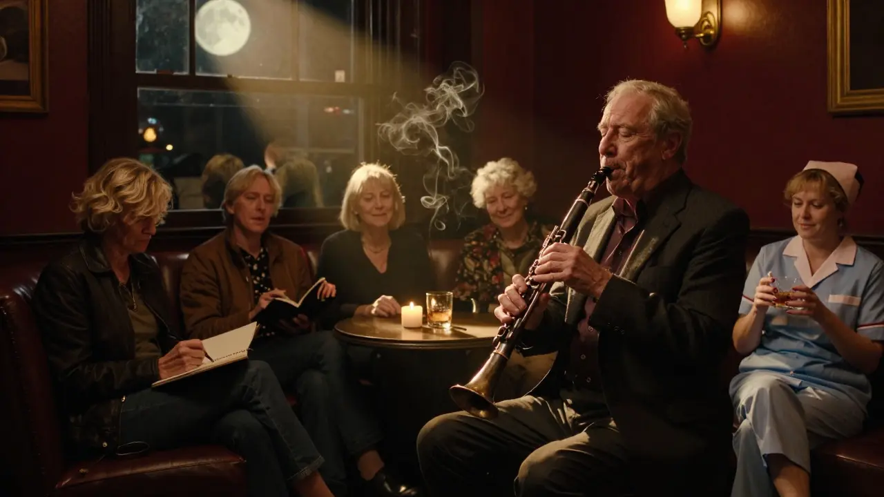 An intimate jazz club in Soho with an elderly musician playing clarinet and a quiet, diverse audience in warm candlelight.
