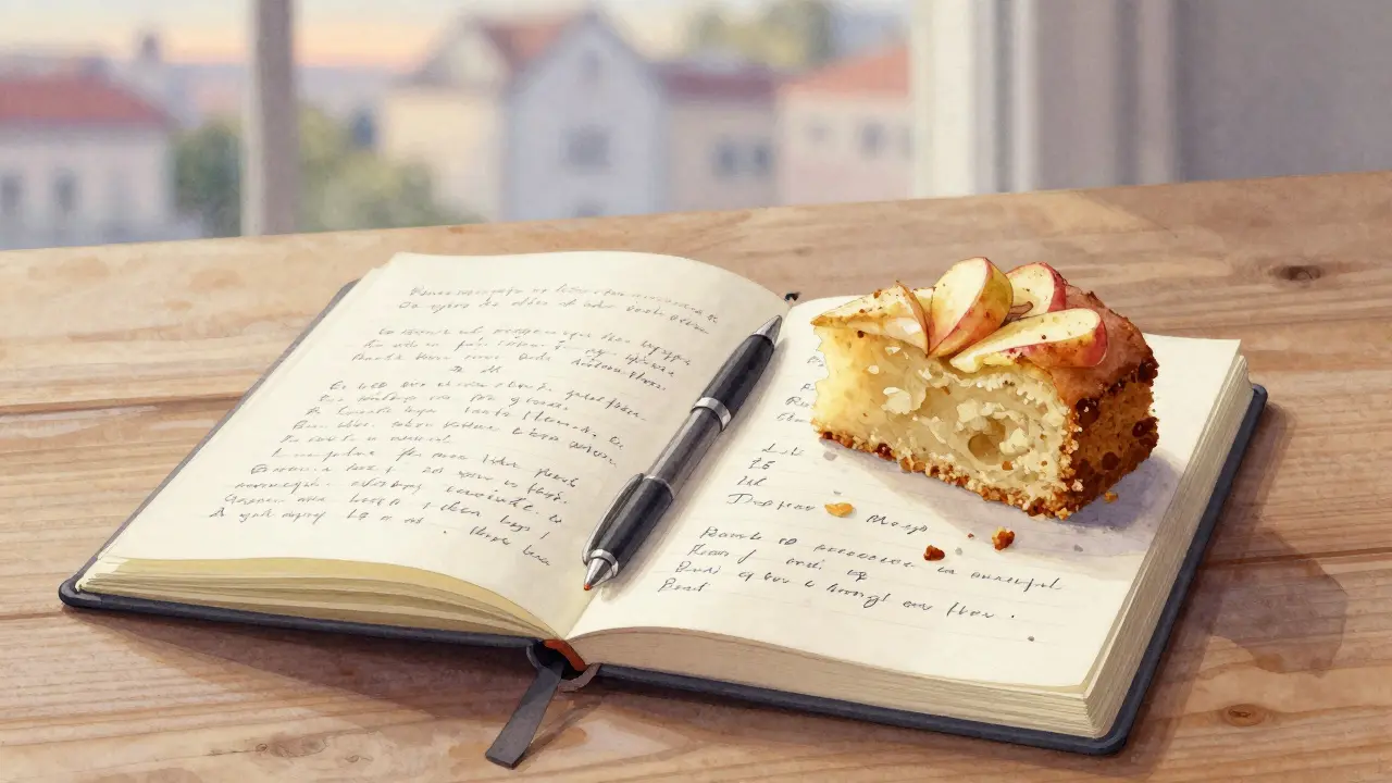An open journal with handwritten multilingual letters beside a slice of apple cake, soft dawn light through the window.