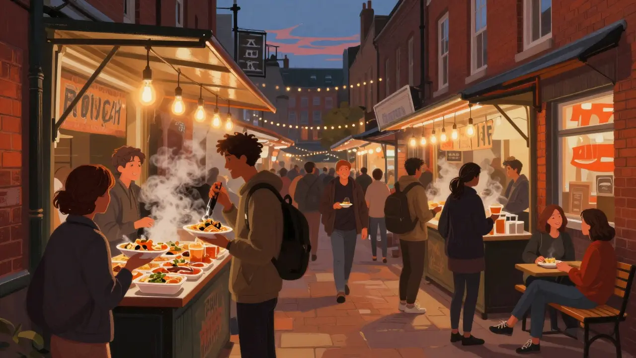 Bustling market stalls at night with people eating and warm lights.