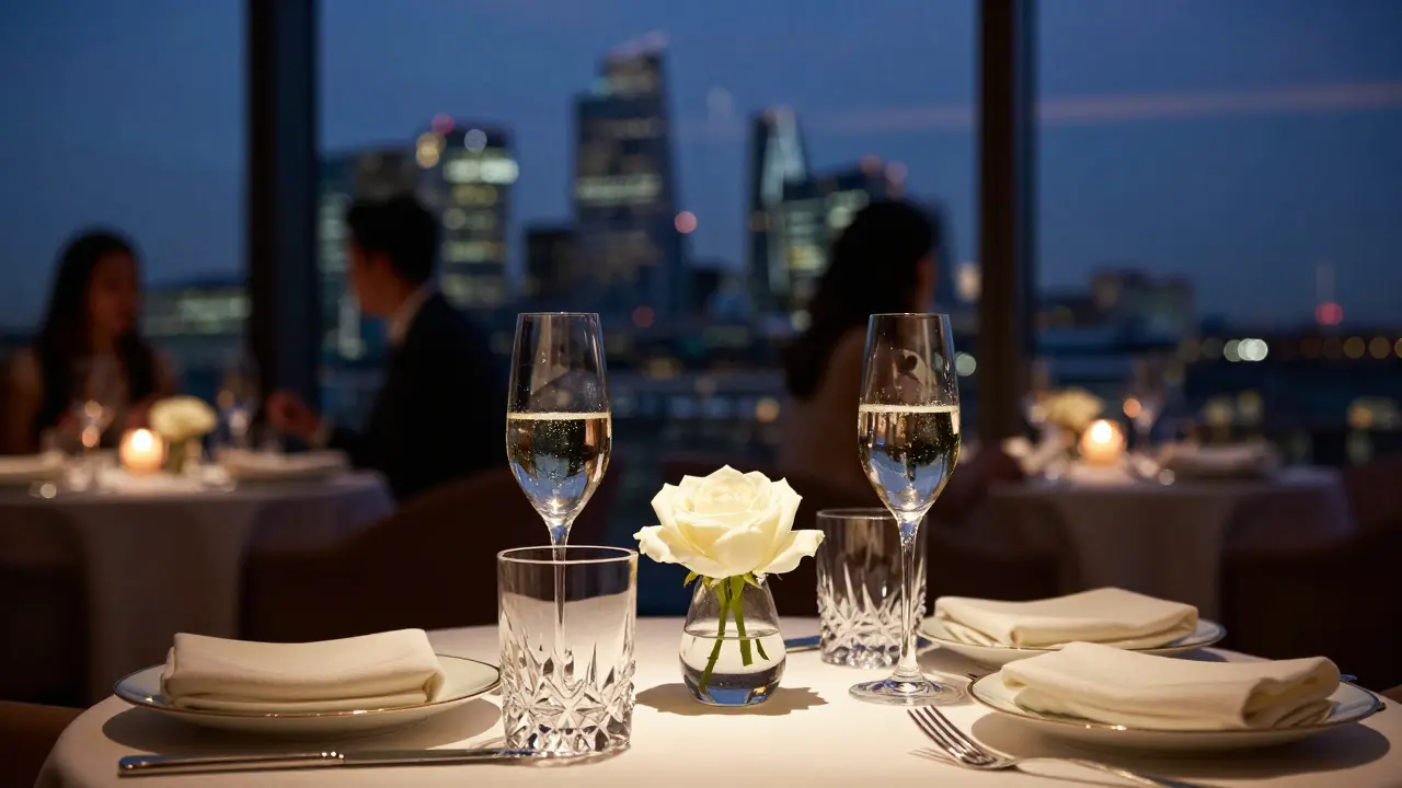 Candlelit rooftop table with champagne and blurred London skyline view.