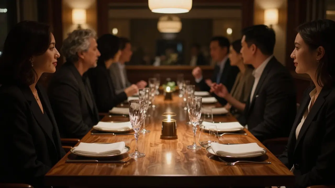 Champagne flutes on a formal dinner table with guests.