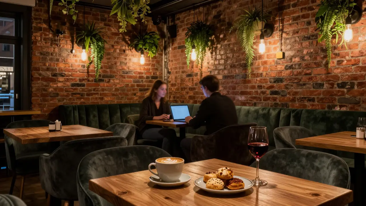 Cozy cafe interior with brick walls, coffee, and pastries