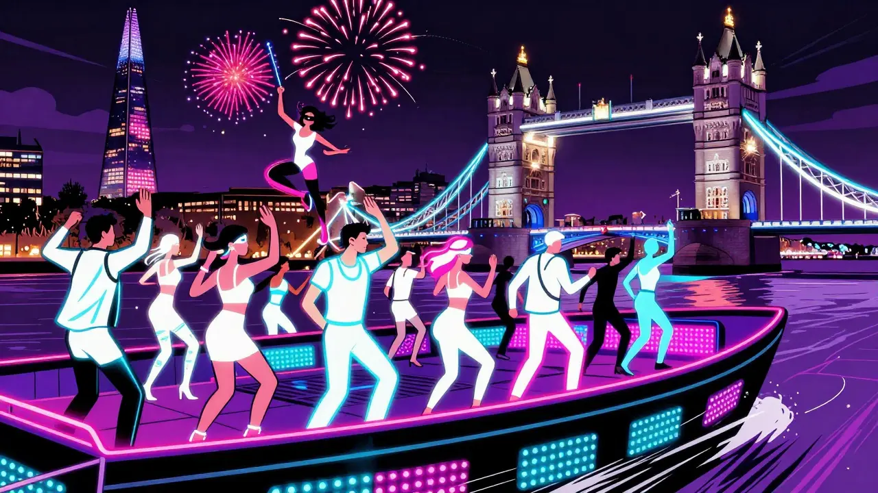 Crowd in neon clothing dancing on a boat under blacklights, Tower Bridge glowing behind them.