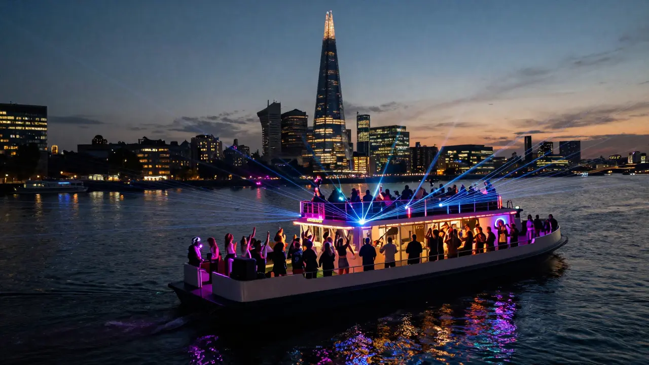 Crowd partying on a multi-deck boat under neon lights with London skyline glowing at night.