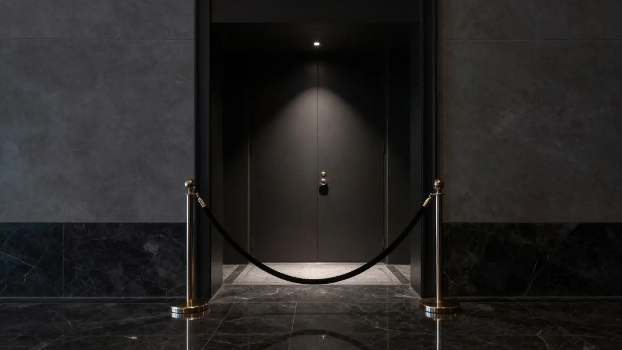 Dimly lit private club entrance with velvet rope.