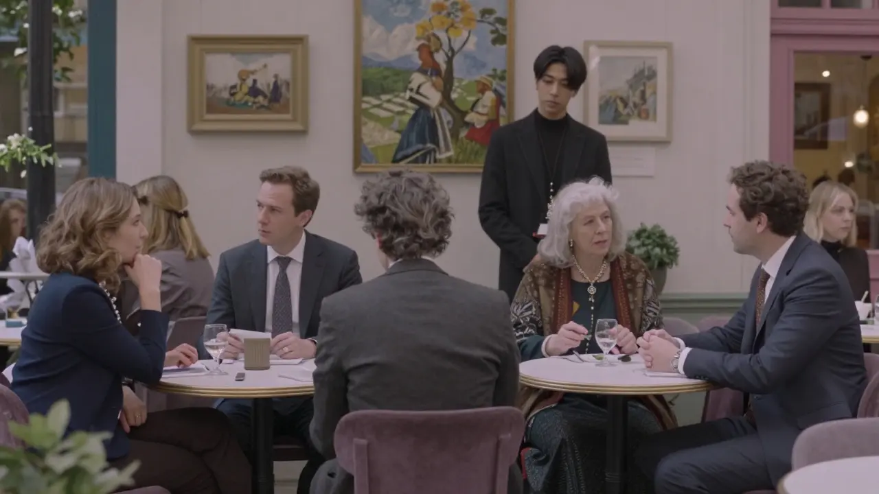 Diverse individuals sharing quiet, meaningful moments with companions in London's cultural spaces.