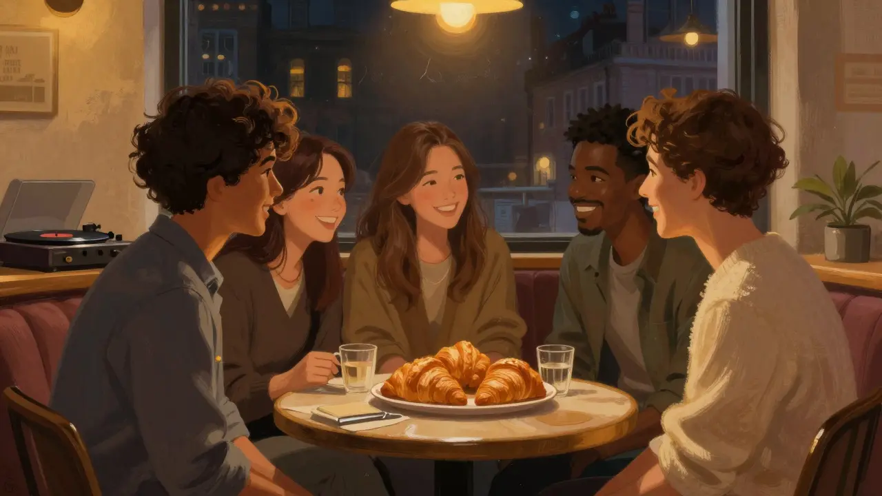 Friends chatting happily in dimly lit late-night cafe