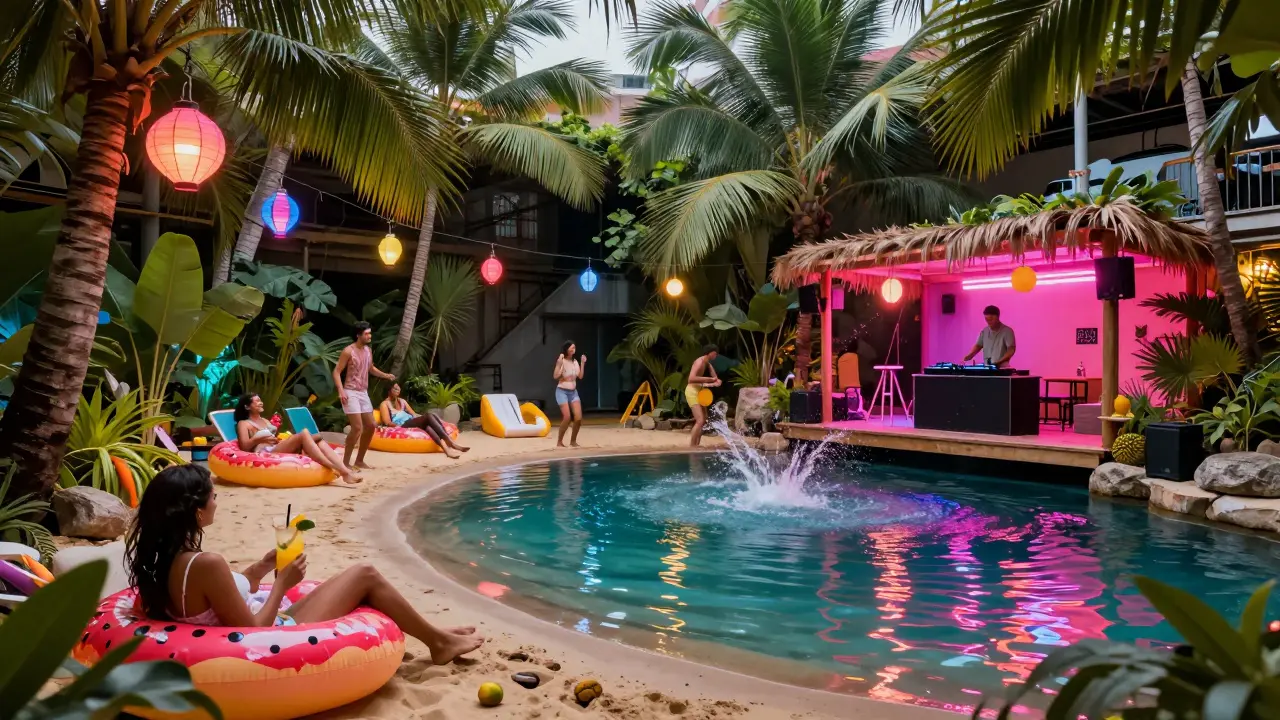Guests lounging on inflatables in a tropical underground lagoon with palm trees and neon lighting.