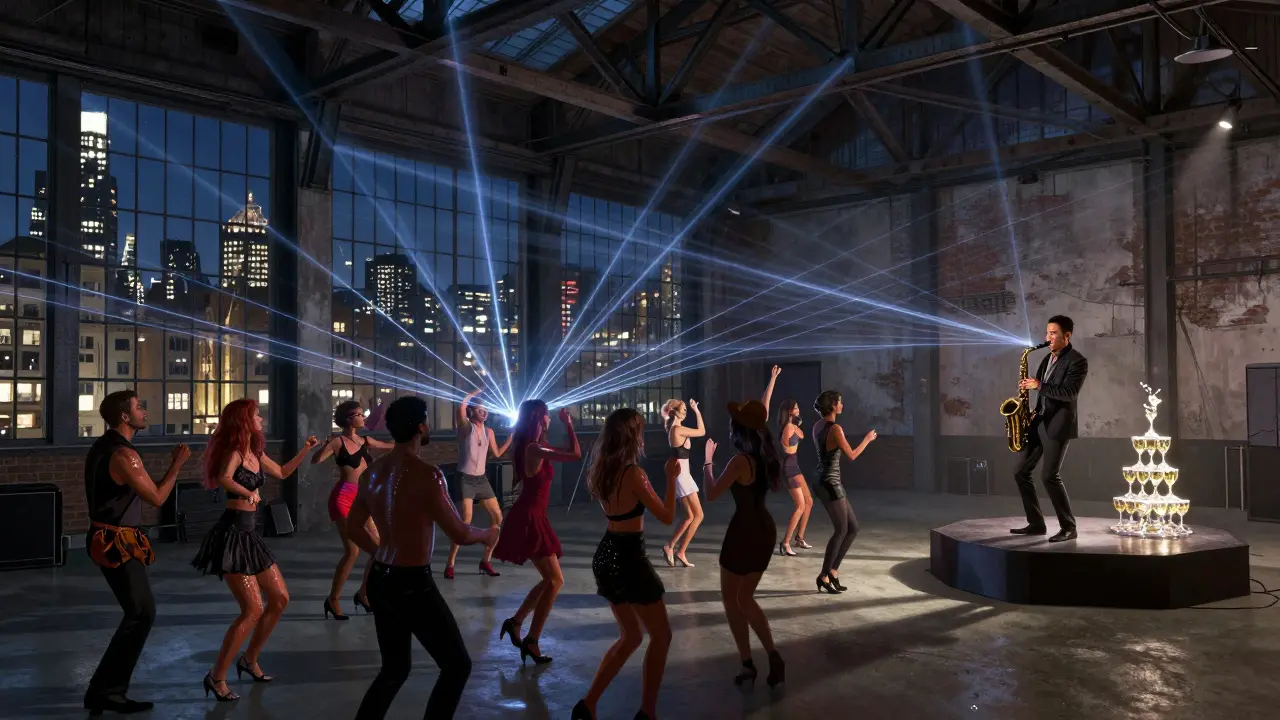 Industrial warehouse nightclub with skyline view, dancers under lasers, and a saxophonist playing.