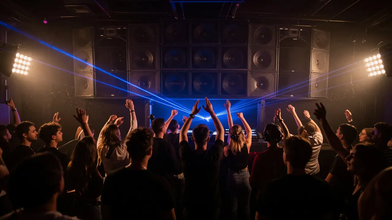 Inside a dark nightclub with lasers and people dancing near DJ booth.