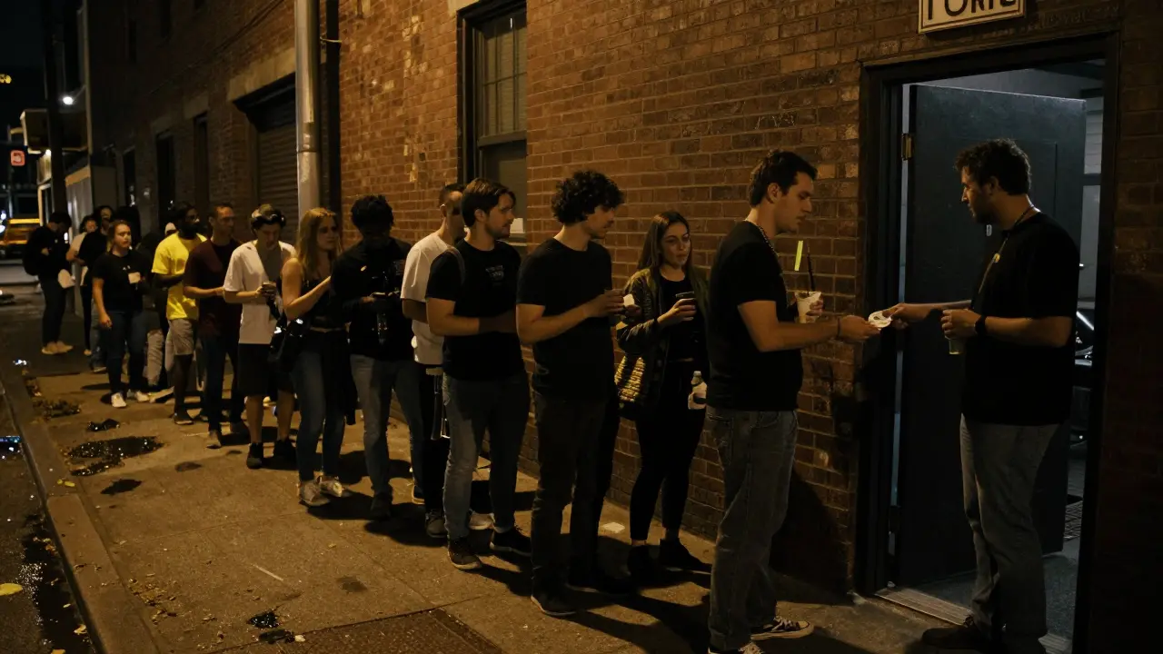 Long line of people waiting outside Printworks London at night, cash payment at the door, no signs or neon lights.