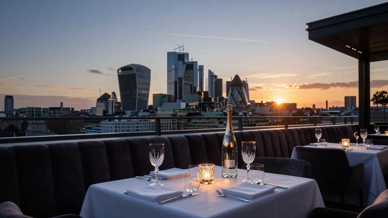 Luxury rooftop bar view of London skyline at dawn with champagne.