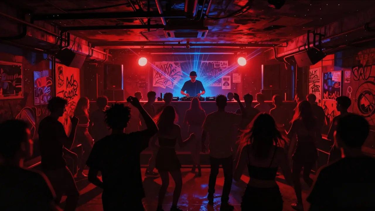 People dancing in a dim underground basement club with lasers and towering speakers.