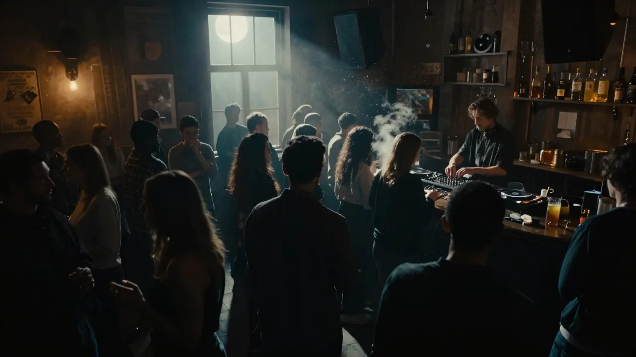 People swaying in a dimly lit back room to deep house music under ambient lighting.