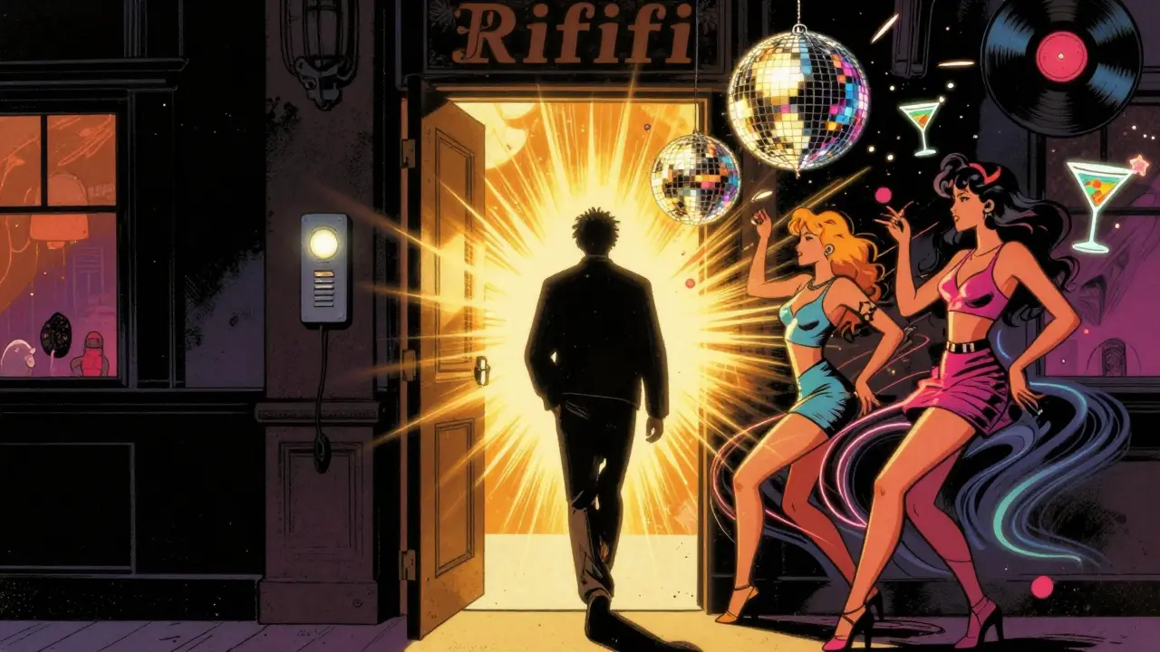 Retro-style entry scene at a hidden London club, golden light bursting as someone steps inside.