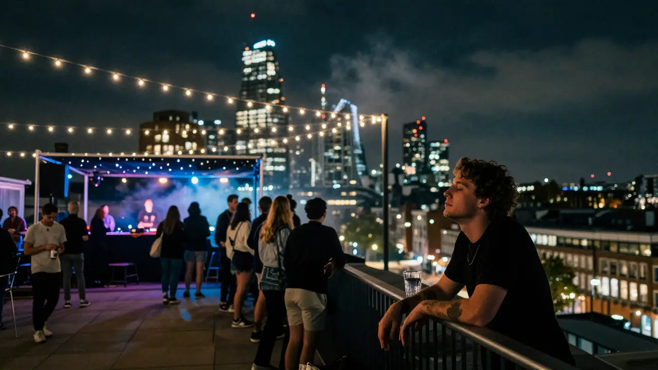Rooftop party at night with string lights and London skyline in the background.