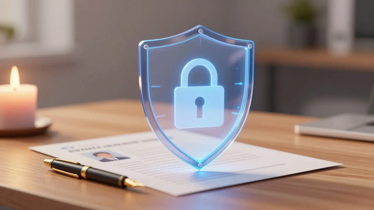 Secure desk with blurred documents under a protective light shield illustrating vetting