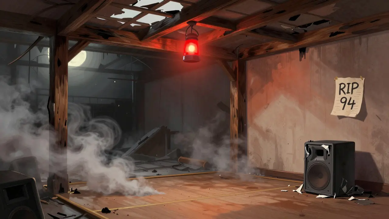 The aftermath of the 2012 fire at Studio 338, with charred remains and the iconic red light still glowing.