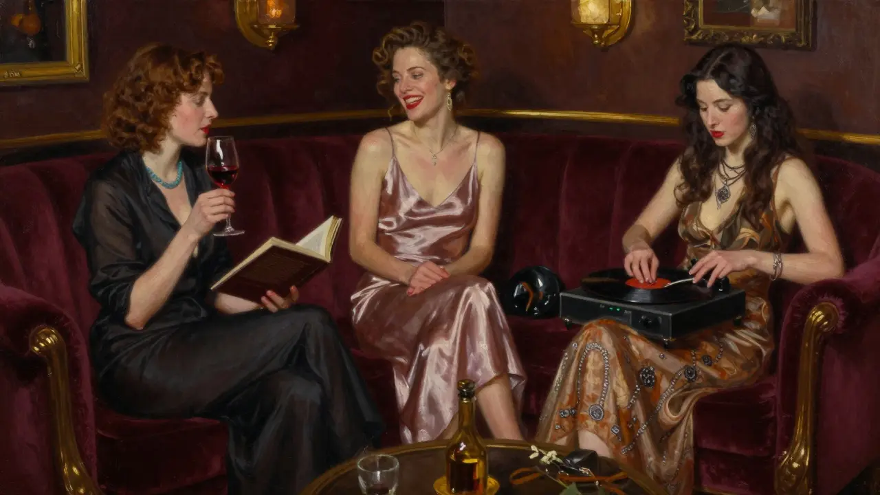 Three elegant women in a luxurious lounge, each representing a different companion archetype in London.