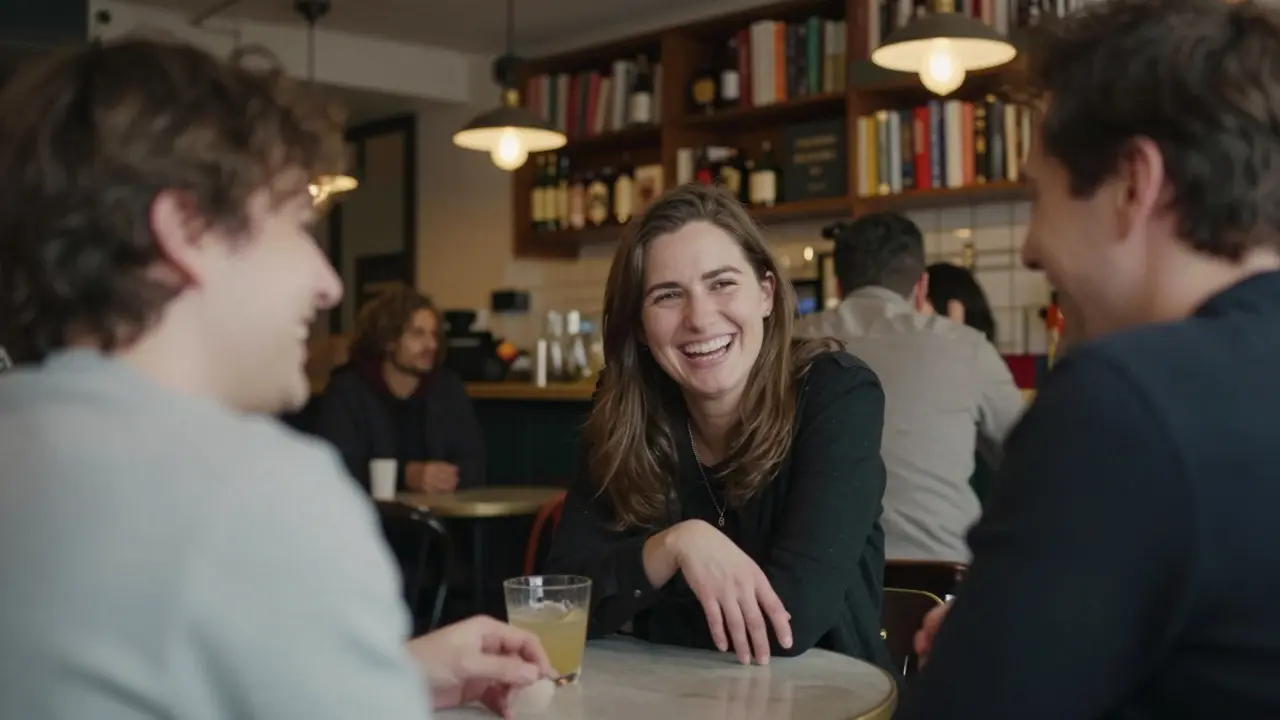 Three people laughing together in a warm, book-lined London tavern.