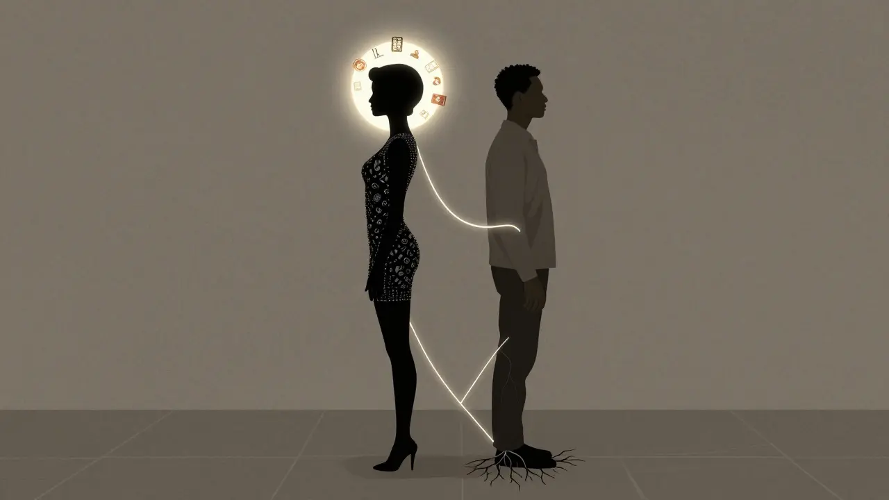 Two contrasting figures representing curated performance and authentic connection in London.