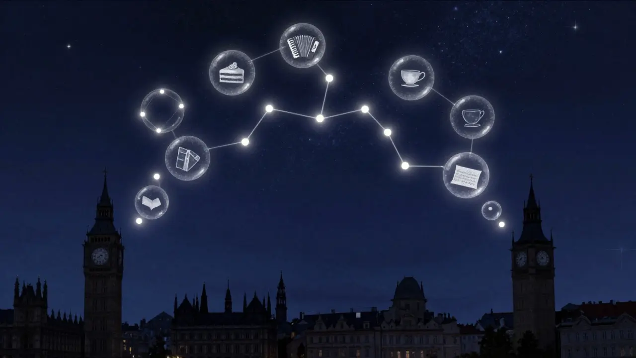 Two distant silhouettes connected by glowing text bubbles shaped like meaningful objects, under a starry night sky.