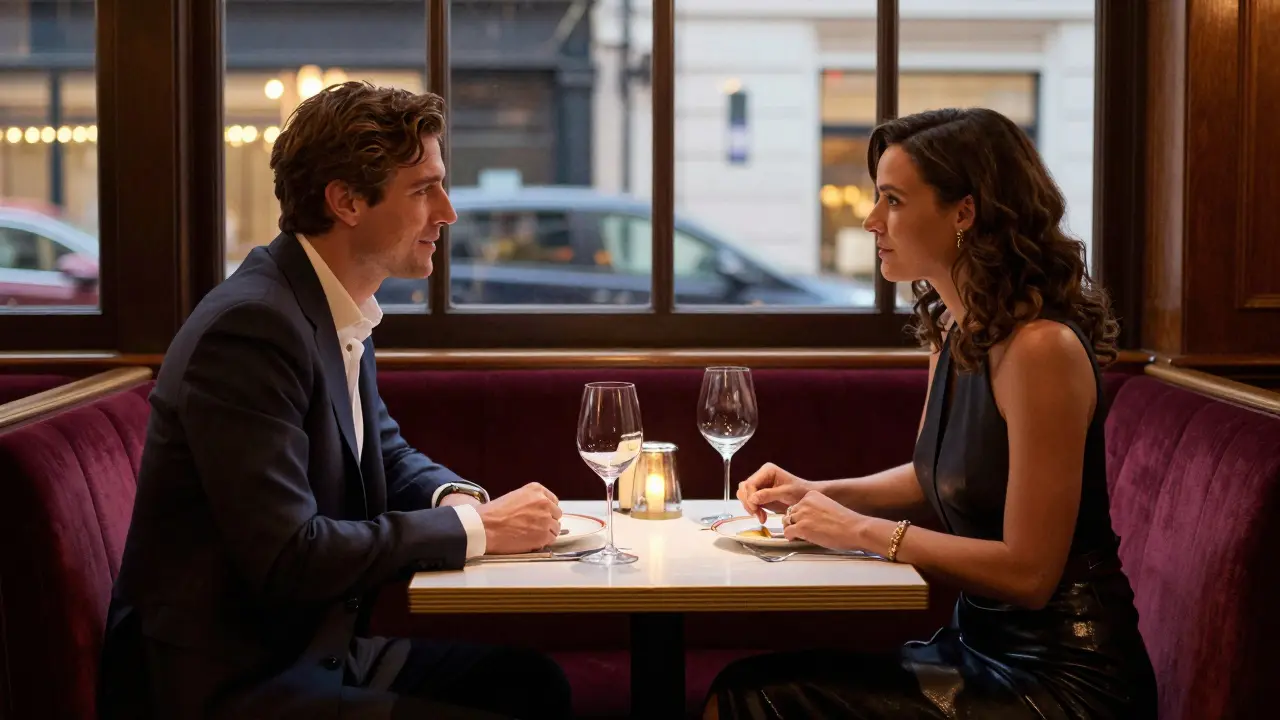 Two elegantly dressed people conversing in a private upscale London dining booth