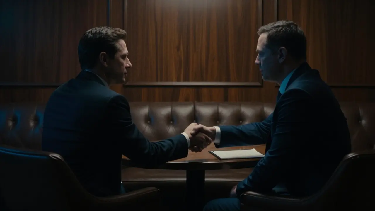 Two figures shaking hands in private luxury lounge setting.