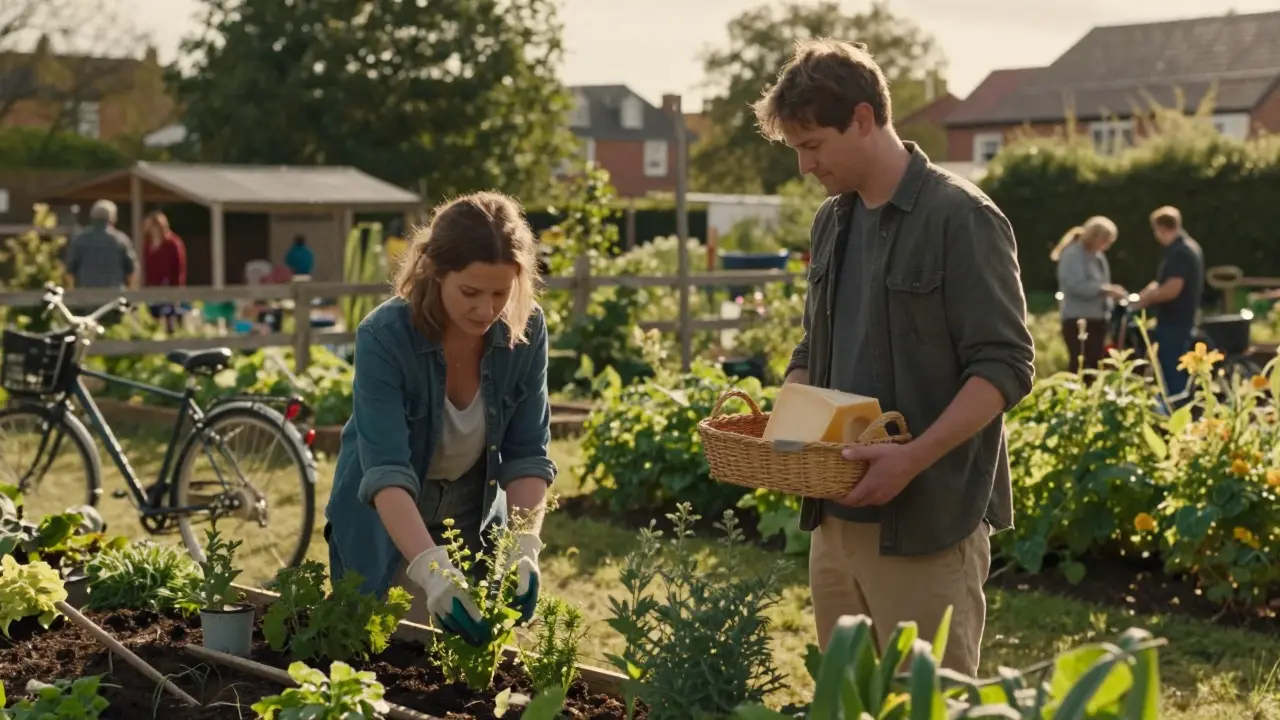 Two people gardening together in a sunny community garden, sharing a quiet moment.