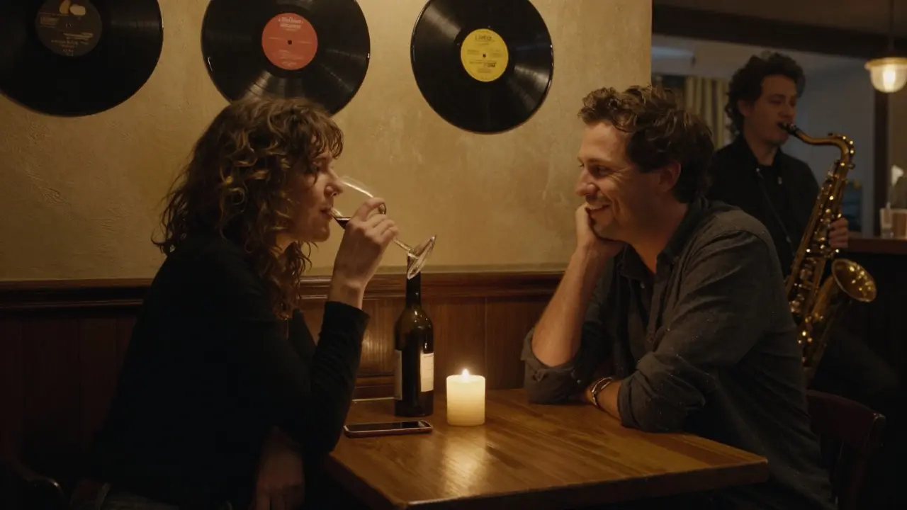 Two people sharing a quiet moment at a cozy jazz bar with candlelight and vinyl records.