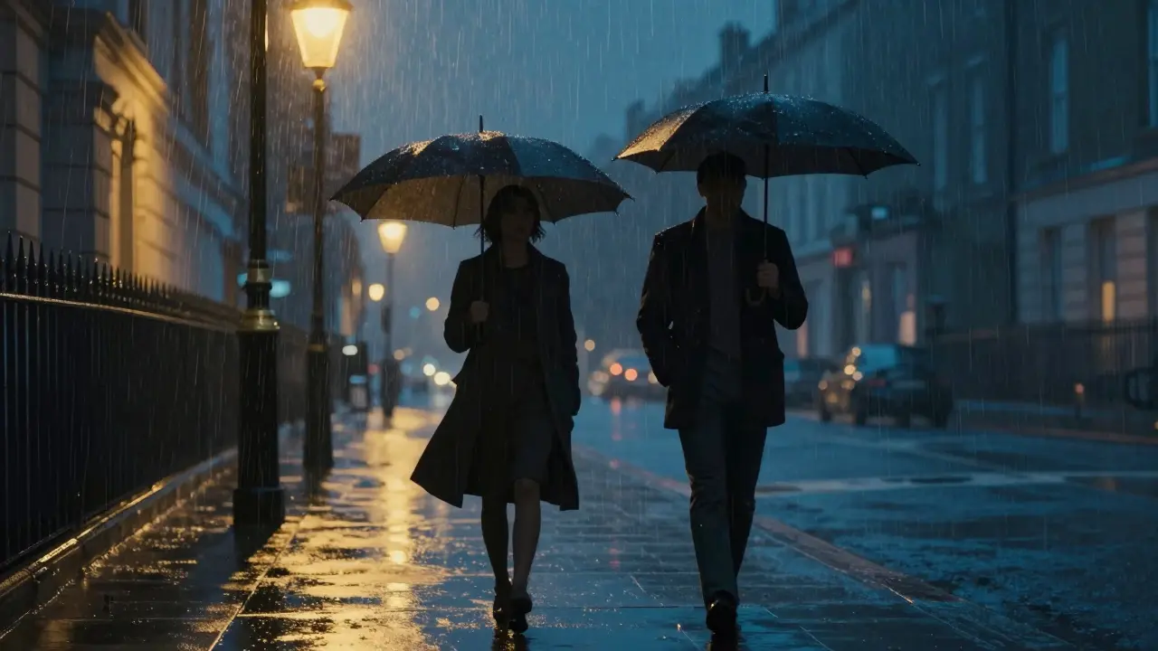 Two silhouettes walk side by side under a rainy London streetlamp, sharing quiet space.