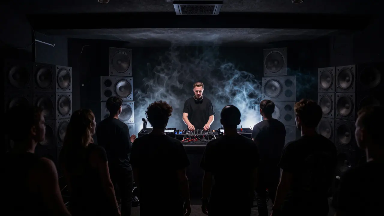 Underground bass room filled with dancers, subwoofers shaking the air, DJ hidden in shadow behind equipment.