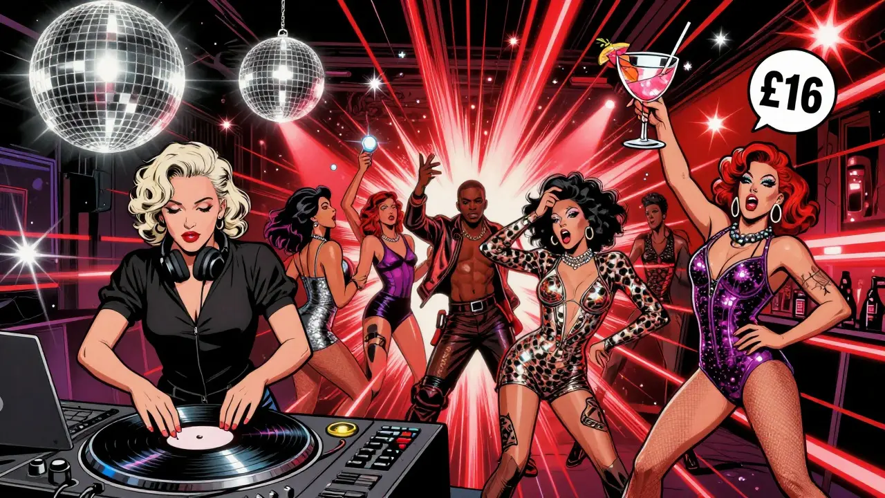 Vibrant, glitter-filled Soho nightclub with drag performers and dancers under a disco ball, music pulsing through the scene.